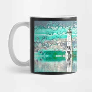 "Frankfort Lighthouse Reflections - Teal" - Fluid Art Mug